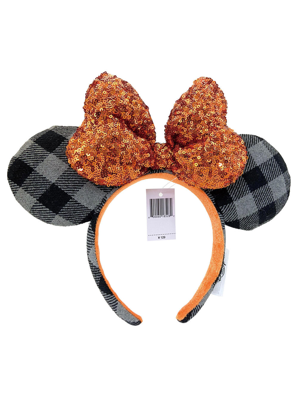 Autumn Minnie Mouse Ears Orange Bow Sequin Halloween Gray Plaid Headband 2026